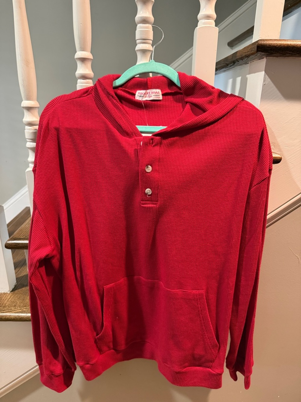 Discount Divas Red Hooded Thermal Henley hoodie with kangaroo pocket